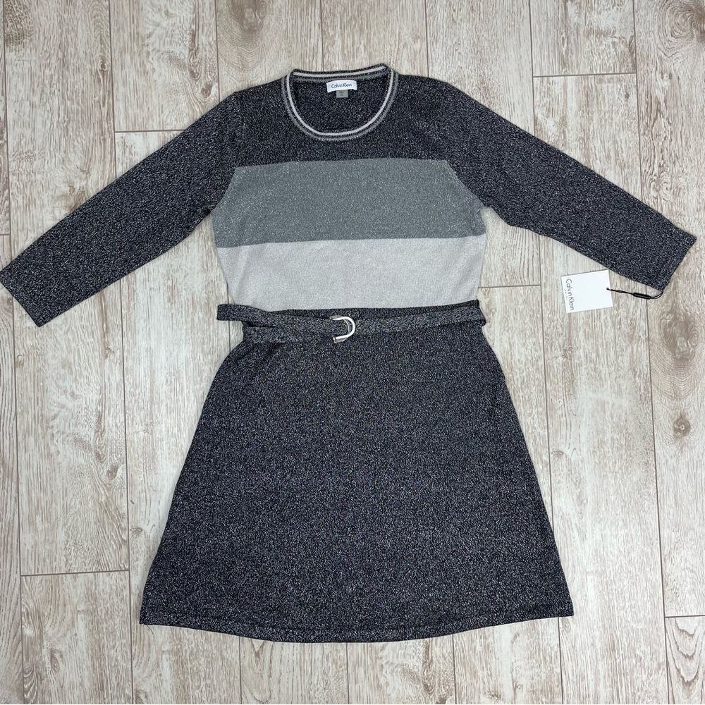 CALVIN KLEIN $134 Womens New Silver Color Block A-Line Dress M Petites